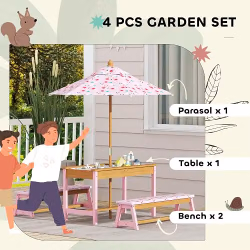 AIYAPLAY Pink Wooden Kids Picnic Table and Bench Set with Animal Print Design – 3