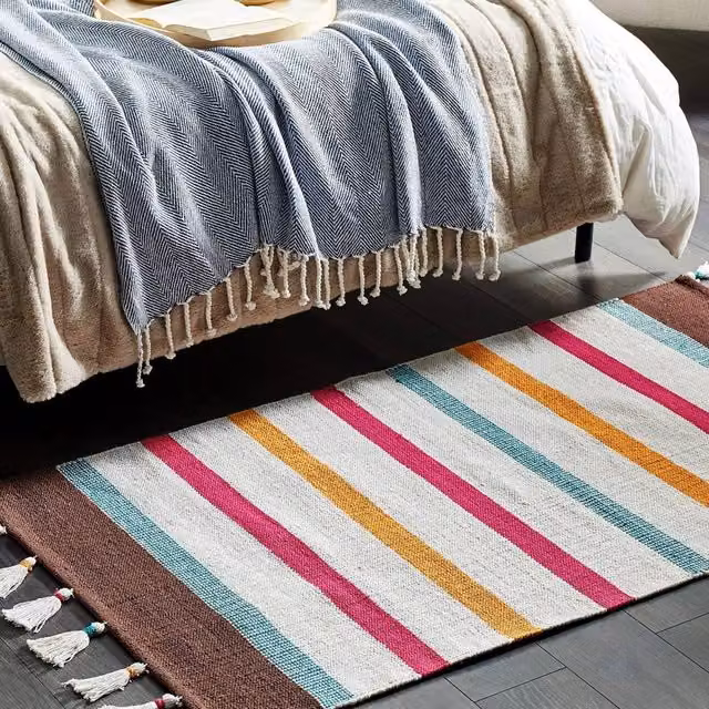 Wyld and Coco Handwoven Multicolour Striped Cotton Rag Rug with Fringes, W: 80 cm, L: 150 cm
