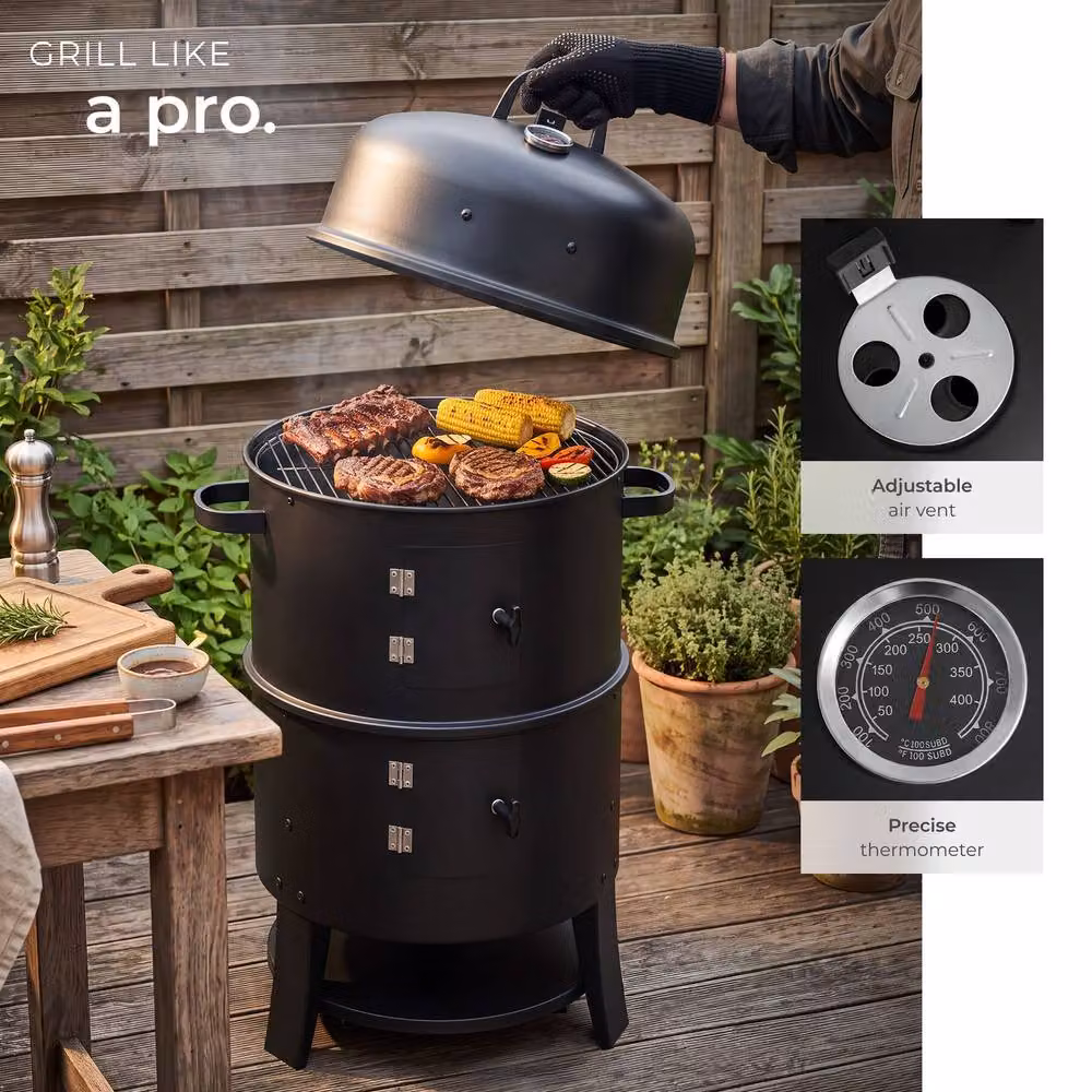 tectake Smoking Barrel 3-in-1 Charcoal Smoker with Thermometer and Air Vent, Black, W/D/H: 52.0 x 42.5 x 81.5 cm – 7