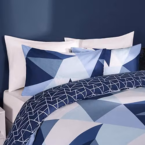 OHS Geometric Shapes Single Duvet Cover and Pillowcase Set in Blue and White, Polycotton Bedding W/D/H: 135 x 200 cm – 2