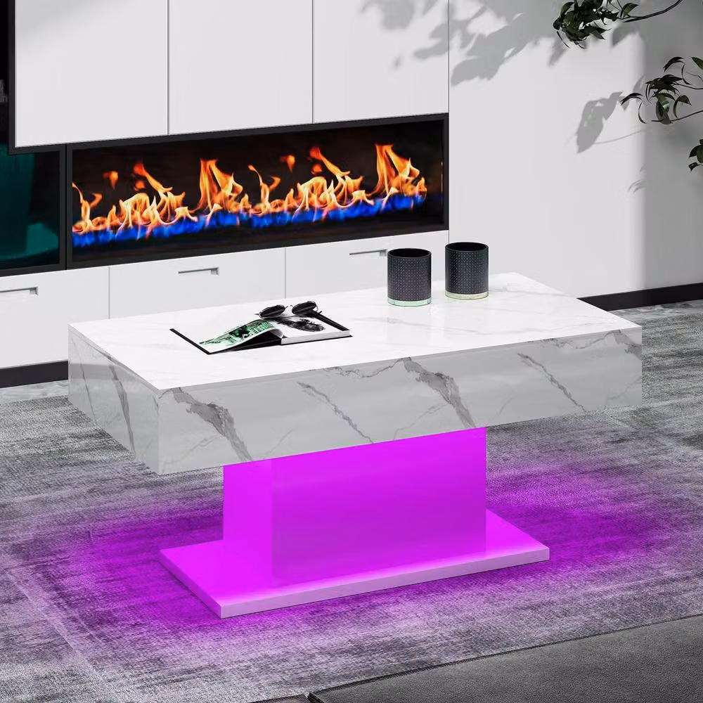 KEEPREAPER Modern Rectangular Glossy Wooden Coffee Table with LED Lights in White – 6
