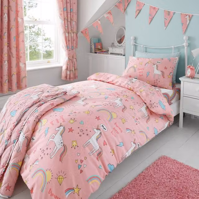 Happy Linen Company Kids Reversible Pink Unicorns and Rainbows Linen Duvet Cover Bedding Set, W: 90 cm, L: 200 cm