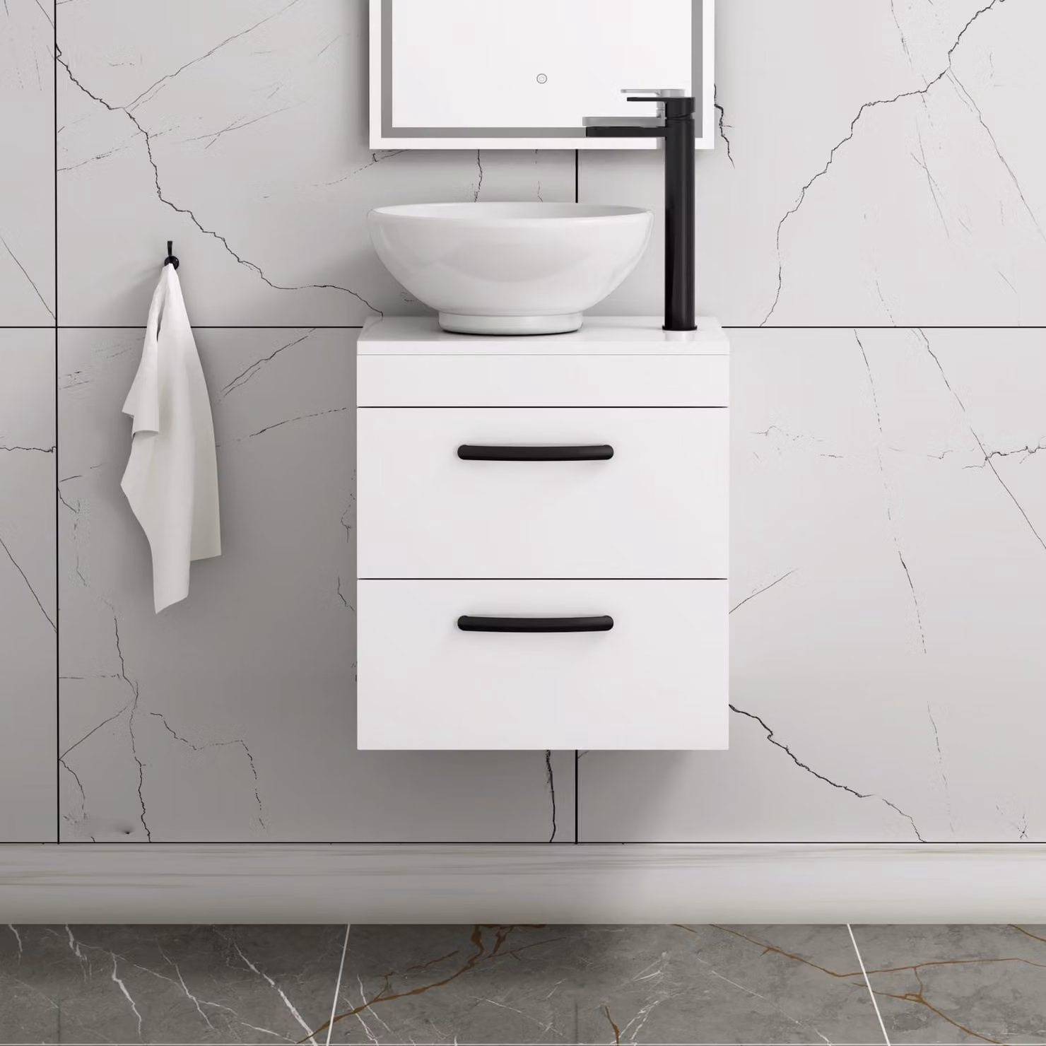 Royal Bathrooms 500mm Wall Hung Gloss White 2 Drawer Vanity Unit with Breeze Countertop Basin and Matt Black Handle