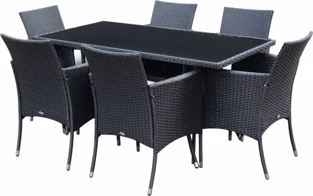 Outsunny 6-Seater Rattan Dining Set with Rectangular Glass Table and Cube Chairs in Black – 1