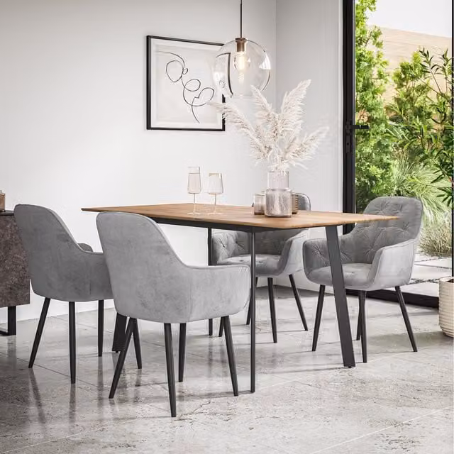 More4Homes Haydon Extending Oak Effect Dining Table Set with 6 Anika Grey Velvet Chairs, W/D/H: 120 x 76 x 76 cm