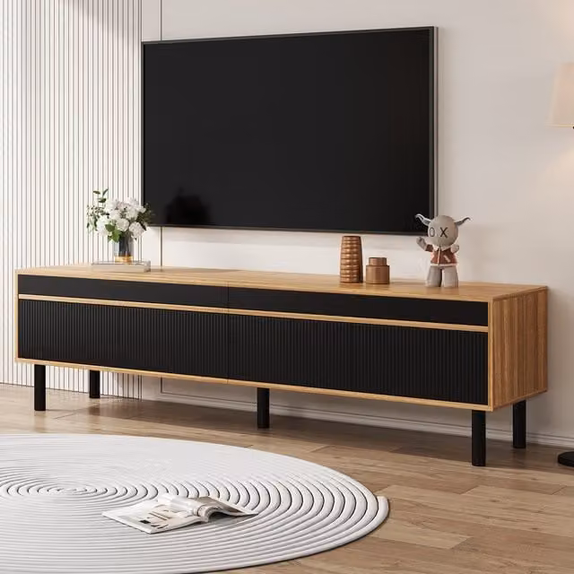 Aosom UK Elegant Striped TV Cabinet with 4 Doors and Wooden Legs in Black and Natural, W: 170 cm, D: 38 cm, H: 47 cm