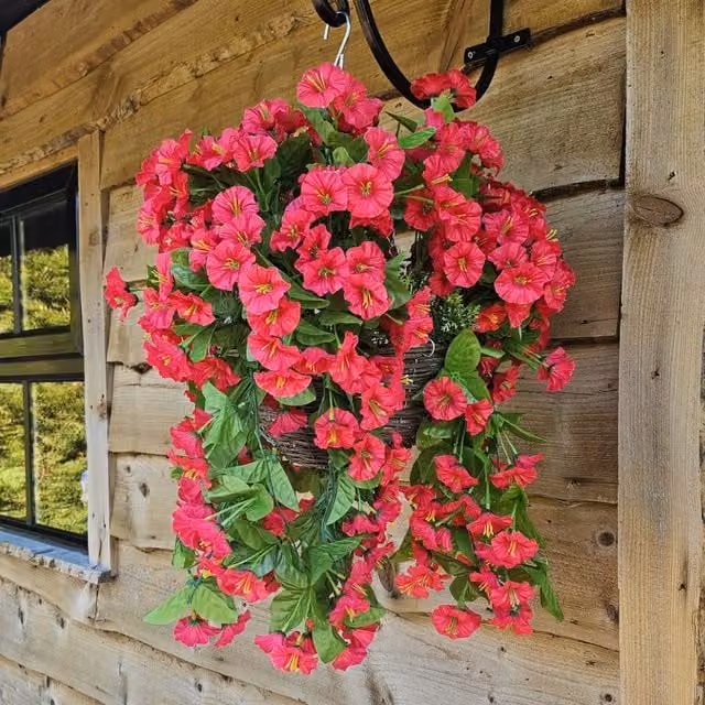 Best Artificial Ltd Pink and Green Morning Glory Trailing Flowers with Rattan Wicker Hanging Baskets
