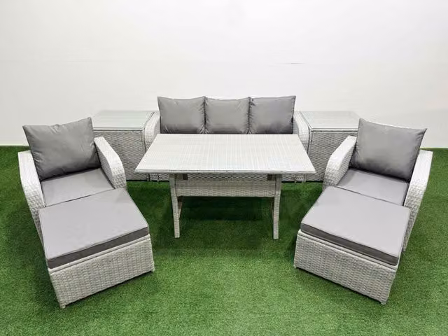 Fimous PE Rattan Garden Furniture Set in Light Grey with Reclining Chairs, Sofa, Rectangular Dining Table, 2 Side Tables and 2 Footstools