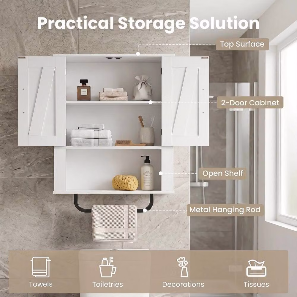 VOGREX White Rustic Farmhouse Wall Mounted Bathroom and Kitchen Cabinet with Hinged Doors and Internal Shelves – 2