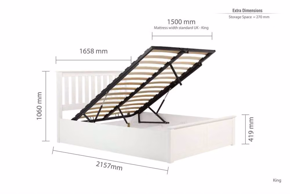 Birlea King Size Ottoman Bed with Solid Oak Wood Frame and White Lift Up Storage Base, W/D/H: 180 x 200 cm – 2