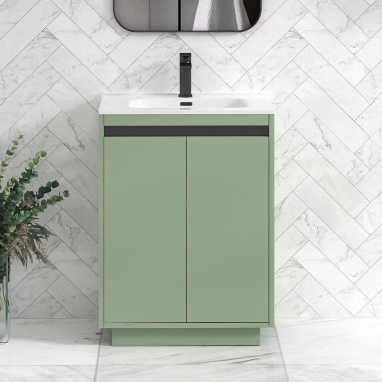 Royal Bathrooms Orion 600mm Mint Sage 2 Door Floor Standing Vanity Unit with Ceramic Basin and Black Accent Trim