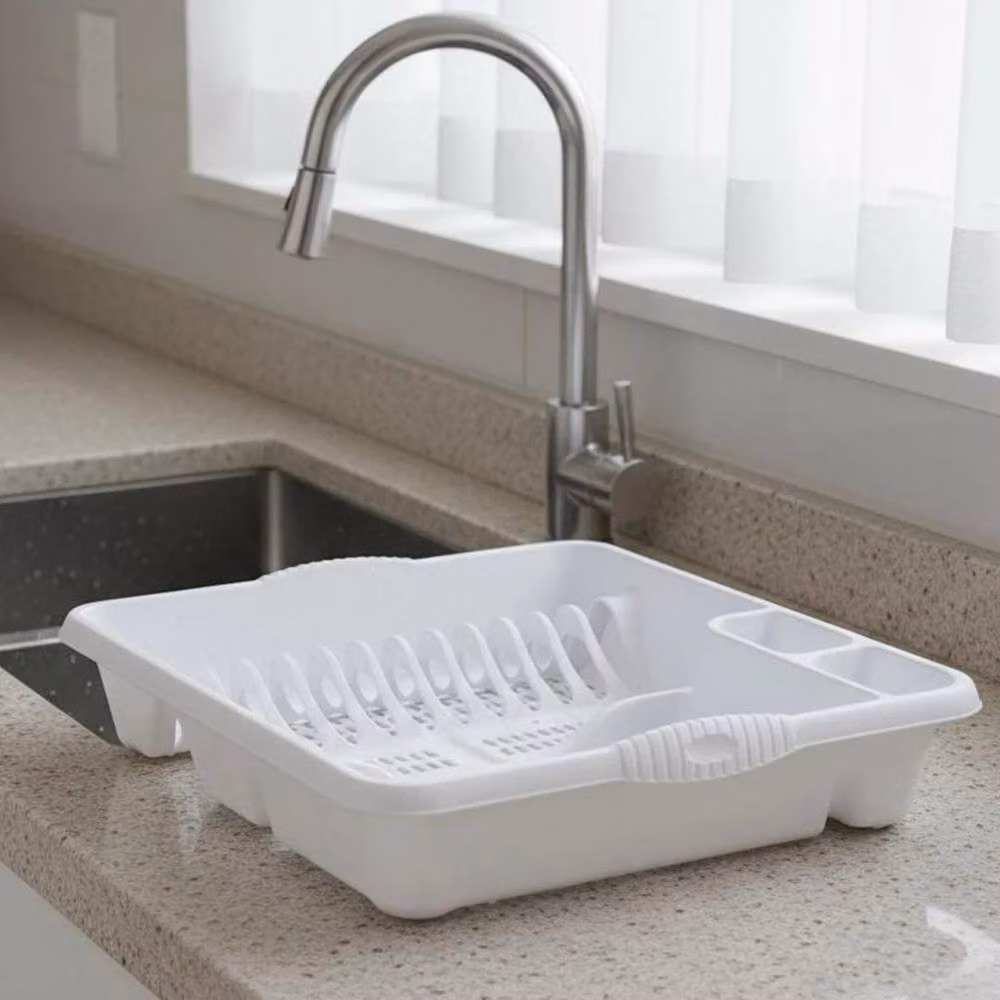 FLAVORA Large White Dish Drainer with Draining Board, Drip Tray, Cutlery Holder and Cup Holder – 2