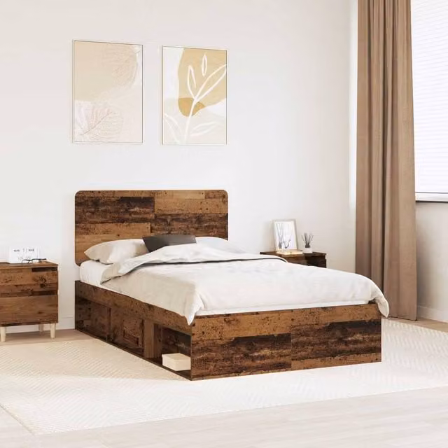 Berkfield Home Bed Frame with Headboard in Old Wood Brown, Solid Pine Wood, W/D/H: 120 x 190 cm