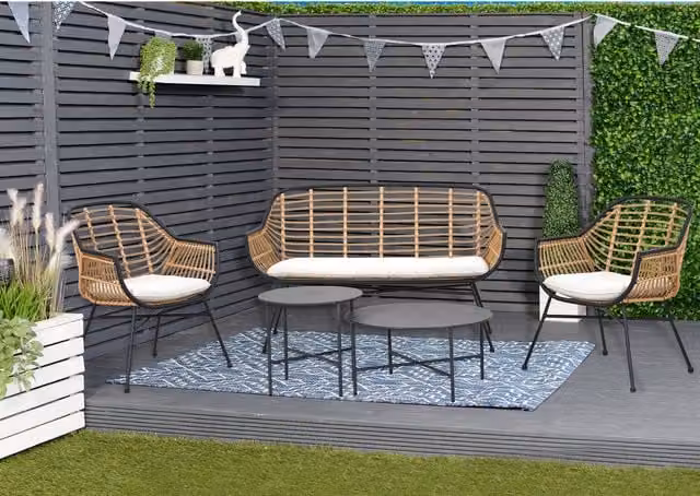 Outdoor Essentials 5 Piece Antigua Rattan Conversation Set in Black with Grey Upholstered Cushions