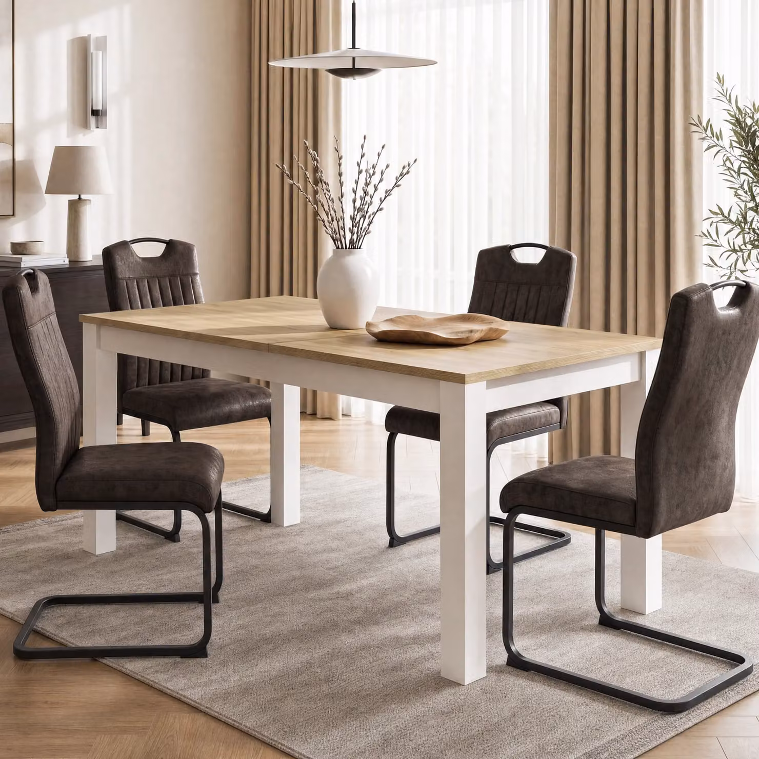 DHS Industrial Extendable Rectangular Dining Table in Brown, Black and White with Butterfly Leaf