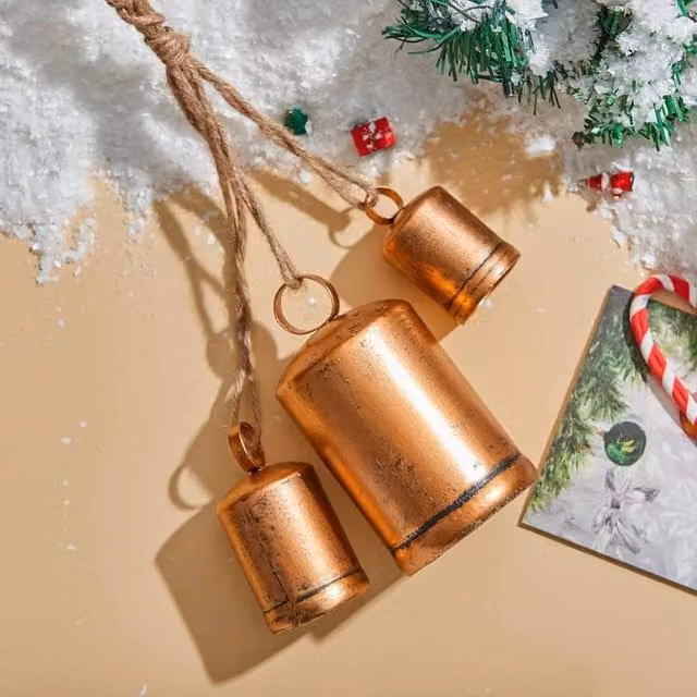 SPETLEK Set of 3 Giant Harmony Cow Bells in Gold Metal with Vintage Design