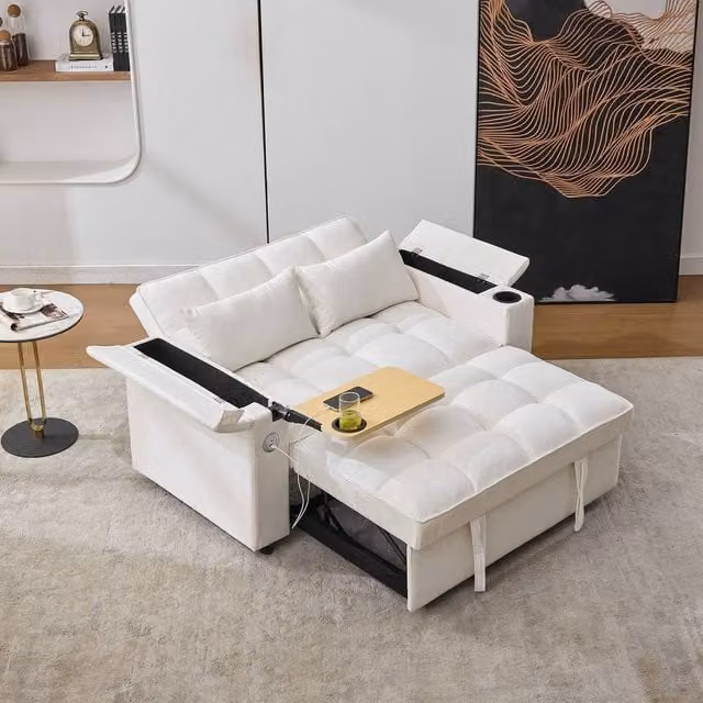 Merax Pull-Out Sofa Bed with Swivel Tray Table and Flip-Top Storage Arms in Beige – 1