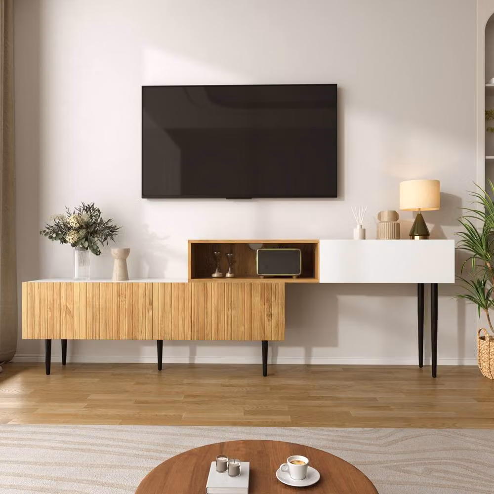 Rolipo Modular 2-Part Adjustable Length TV Cabinet in Natural Wood and Matte White – 5