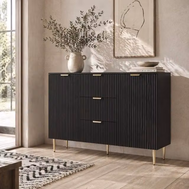 Wyld Haus Surara Baro Black and Gold Ribbed Sideboard with 2 Doors and 3 Drawers