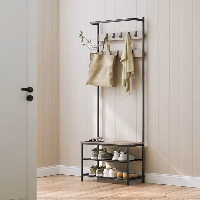 VASAGLE Brown Industrial Hall Tree with Bench and Shoe Storage