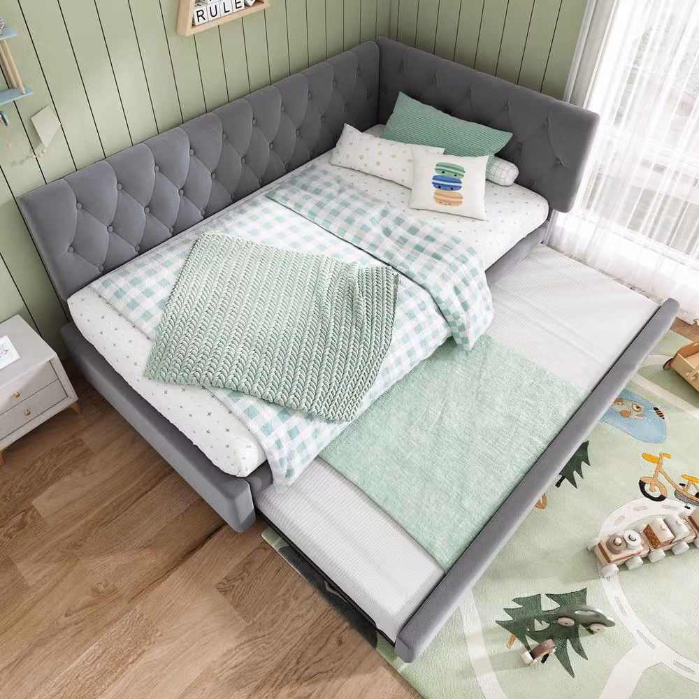 Matteo Grey Velvet Upholstered Daybed with Pull-Out Trundle, W: 90 cm, L: 190 cm – 4