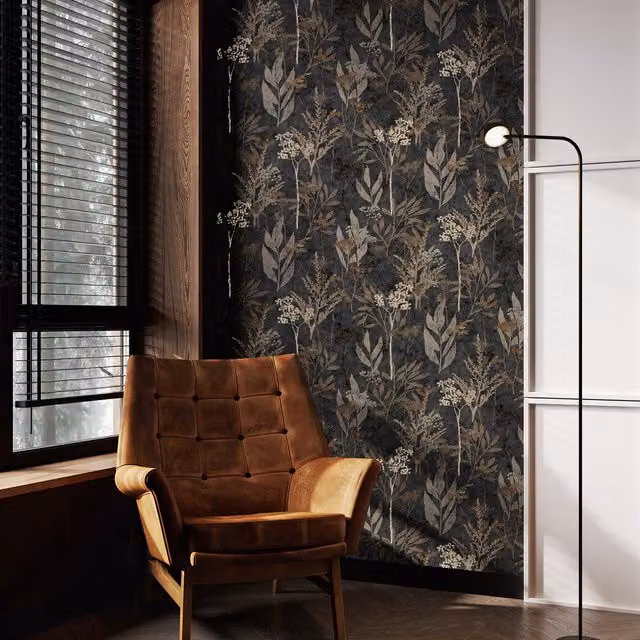 Superfresco Easy Solstice Floral Botanical Wallpaper in Black Matt Finish
