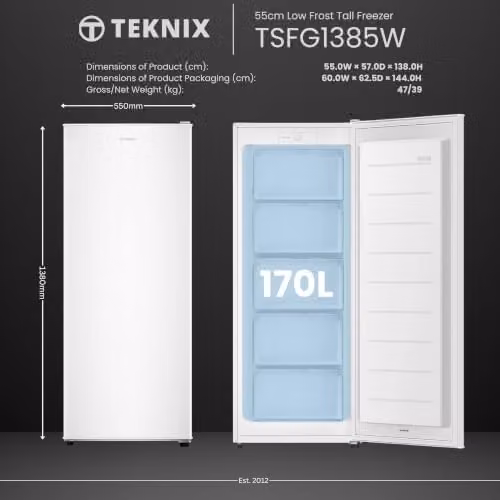 Teknix TSFG1385W Upright Tall Freezer, White, 170L Capacity, Freestanding with 5 Drawers, Reversible Door, H 138.0 x W 55.0 x D 57.0 cm – 3