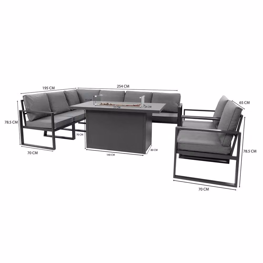 Monstershop 7 Seater Aluminium Garden Furniture Set in Anthracite Grey with Gas Fire Pit and Modular Corner Sofa – 3