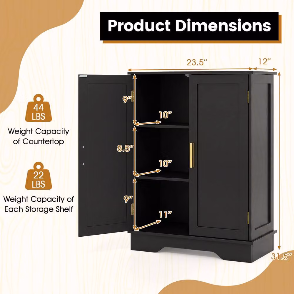 Costway Modern Black Bathroom and Kitchen Floor Storage Cabinet with Hinged Doors and Adjustable Shelves – 2
