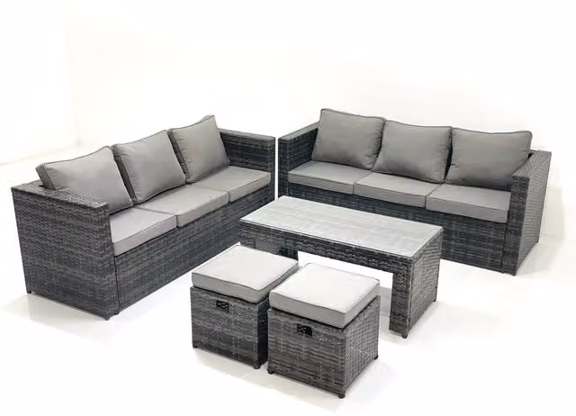 Fimous Garden Outdoor Rattan Furniture Set in Dark Grey with Sofa, Coffee Table and Ottomans