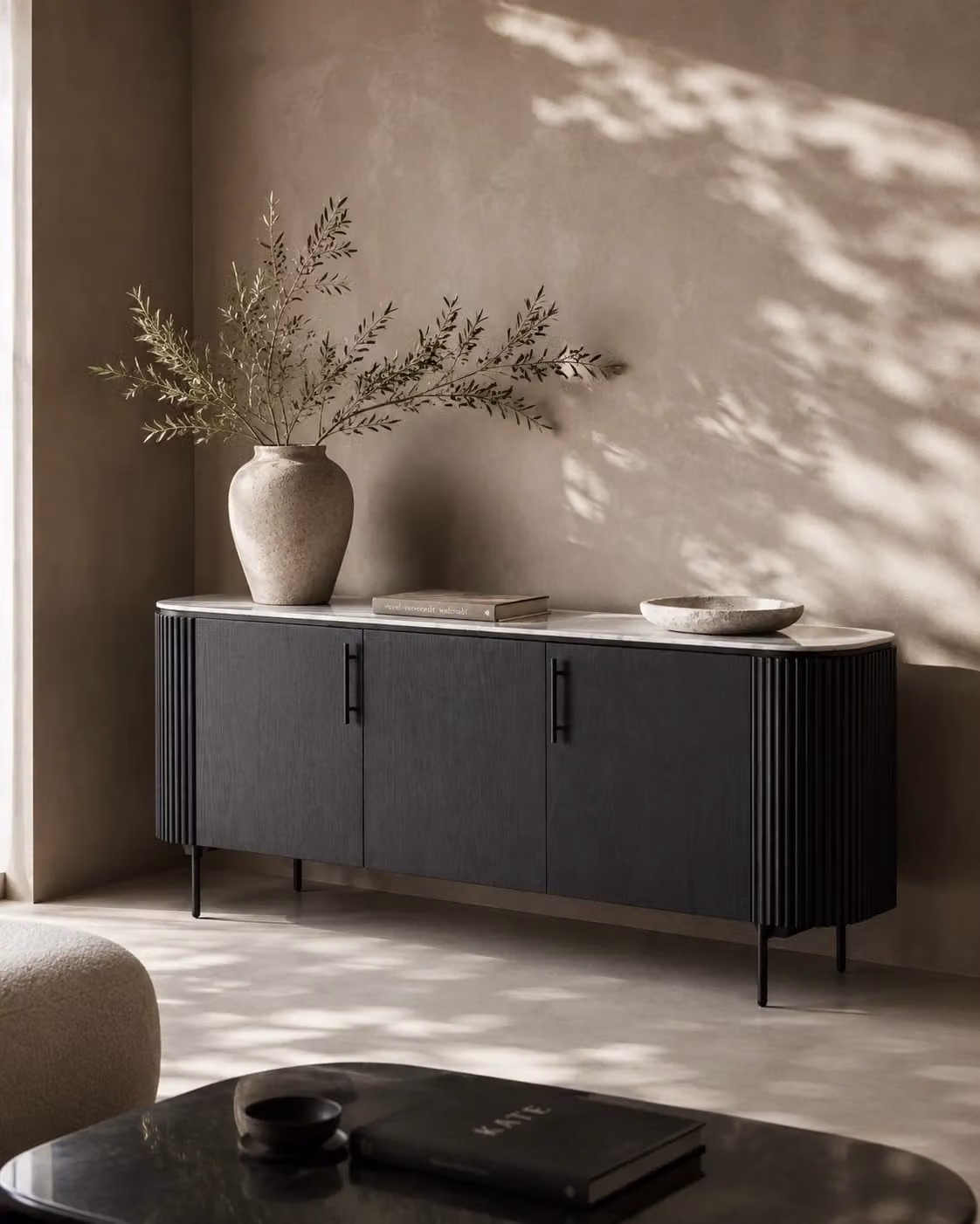 Tommy Franks Modern Lantine Marble Buffet in Black Oak with Stone and Wood Finish