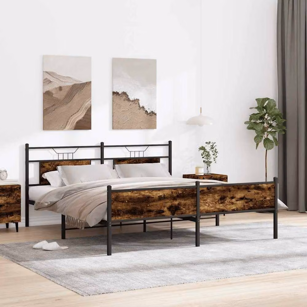 Berkfield Home Metal and Wood Bed Frame in Smoked Oak Brown, W/D/H: 160 x 200 cm – 2