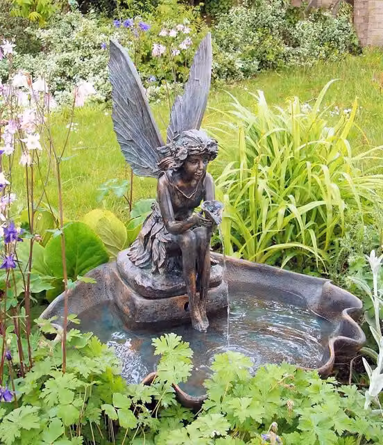 Primrose Solar Powered Fairy on Clam Shell Outdoor Water Feature Fountain in Grey and Bronze, Height: 78 cm – 3