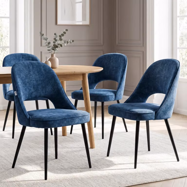 DHS Set of 4 Modern Velvet Dining Chairs in Blue or Green with Metal Legs