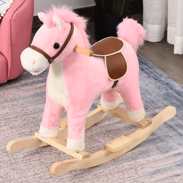 HOMCOM Interactive Pink Plush Rocking Horse with Sound and Sensory Features