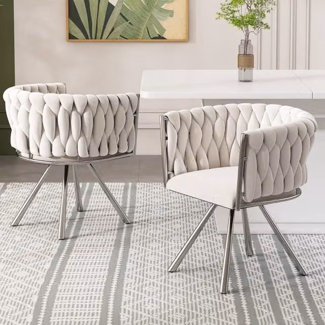 BTM Set of 2 Velvet Swivel Dining Chairs in Beige and Silver with Armrests – 1