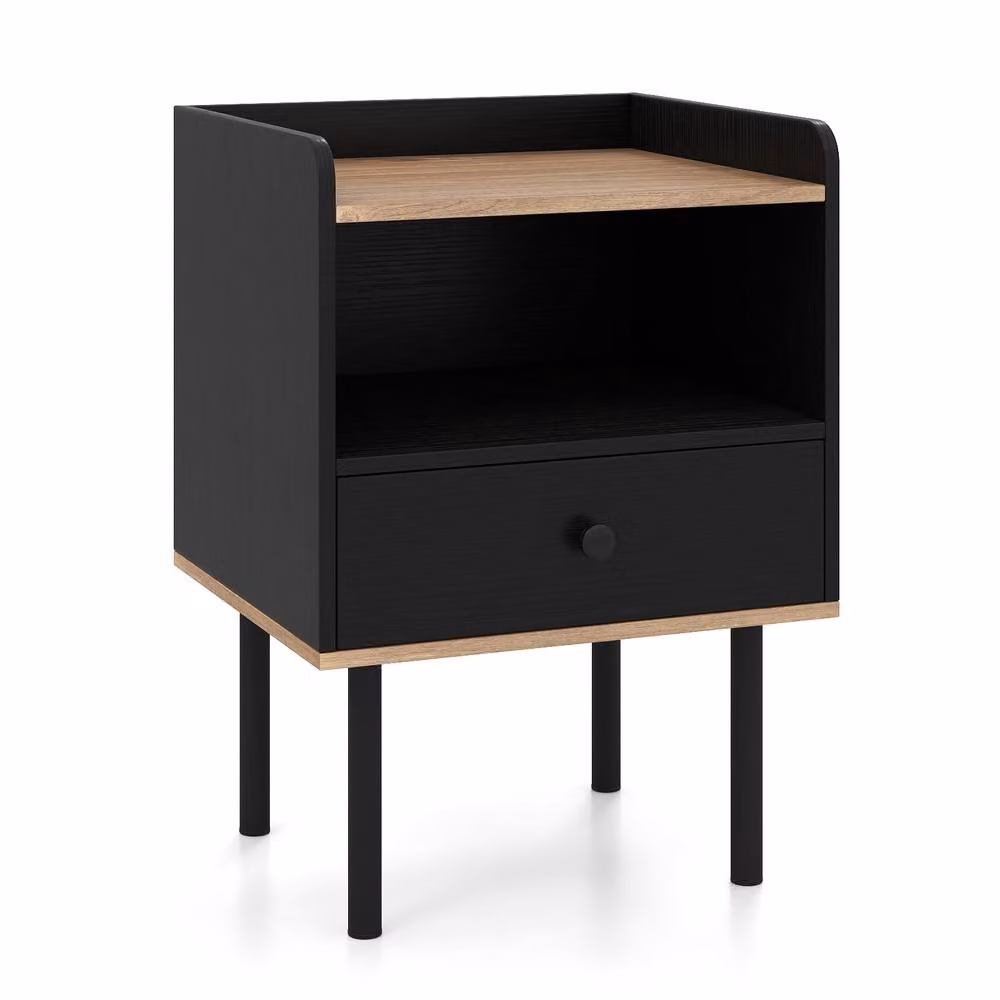 Gymax Modern Black Nightstand Bedside Table with Open Storage Shelf and Drawer – 8