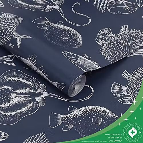 Graham & Brown Contour Antibac Into the Deep Navy Animal Print Wallpaper in Blue – 3