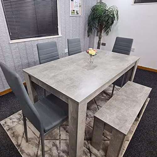 Kosy Koala Grey Stone Effect Dining Table Set with 4 Grey Faux Leather Chairs and 1 Bench, W/D/H: 140 x 80 x 75 cm – 3