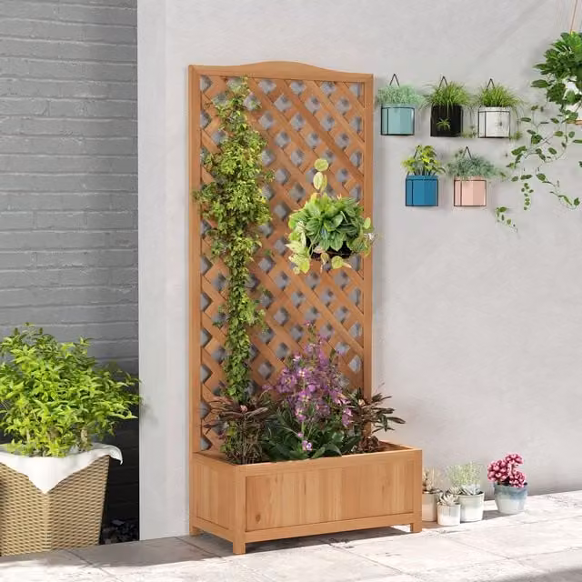 OUTSUNNY Wooden Garden Raised Bed Planter Box with Trellis, Brown, W: 170 cm, D: 36 cm, H: 76 cm – 1