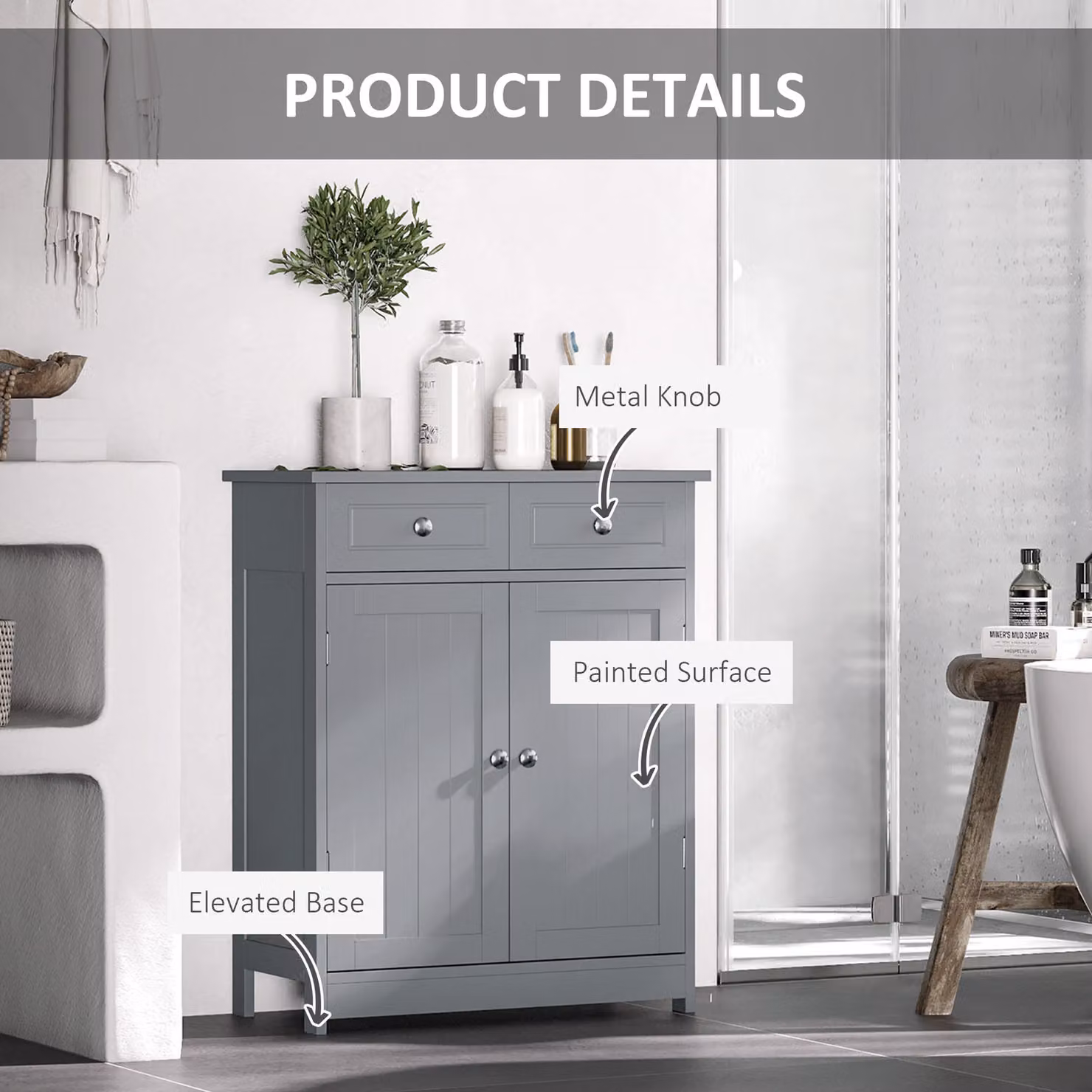 Kleankin Traditional Style Free-Standing Bathroom Storage Cabinet with 2 Drawers, Cupboard and Adjustable Shelf, Grey, W: 60 cm, D: 60 cm, H: 75 cm – 3