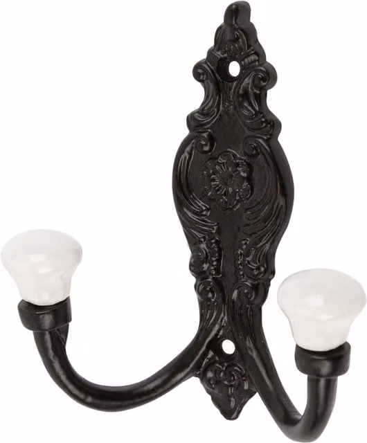 Hammer and Tongs Ornate Double Wall Hook in Black and White Ceramic and Iron, W: 10.0 cm, H: 10.0 cm