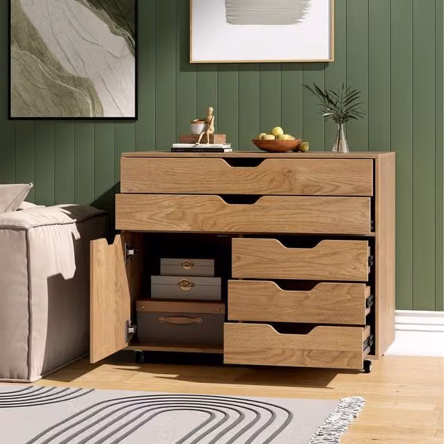 COSTWAY Mobile Chest of Drawers in Brown Wood with Castors