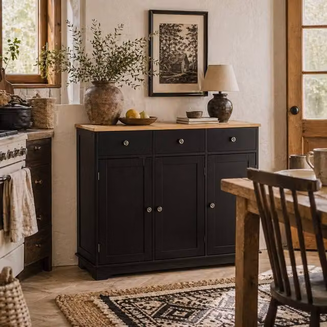 Wyld Haus Totoro Black Sideboard with Natural Rubberwood Top, 3 Doors and 3 Drawers