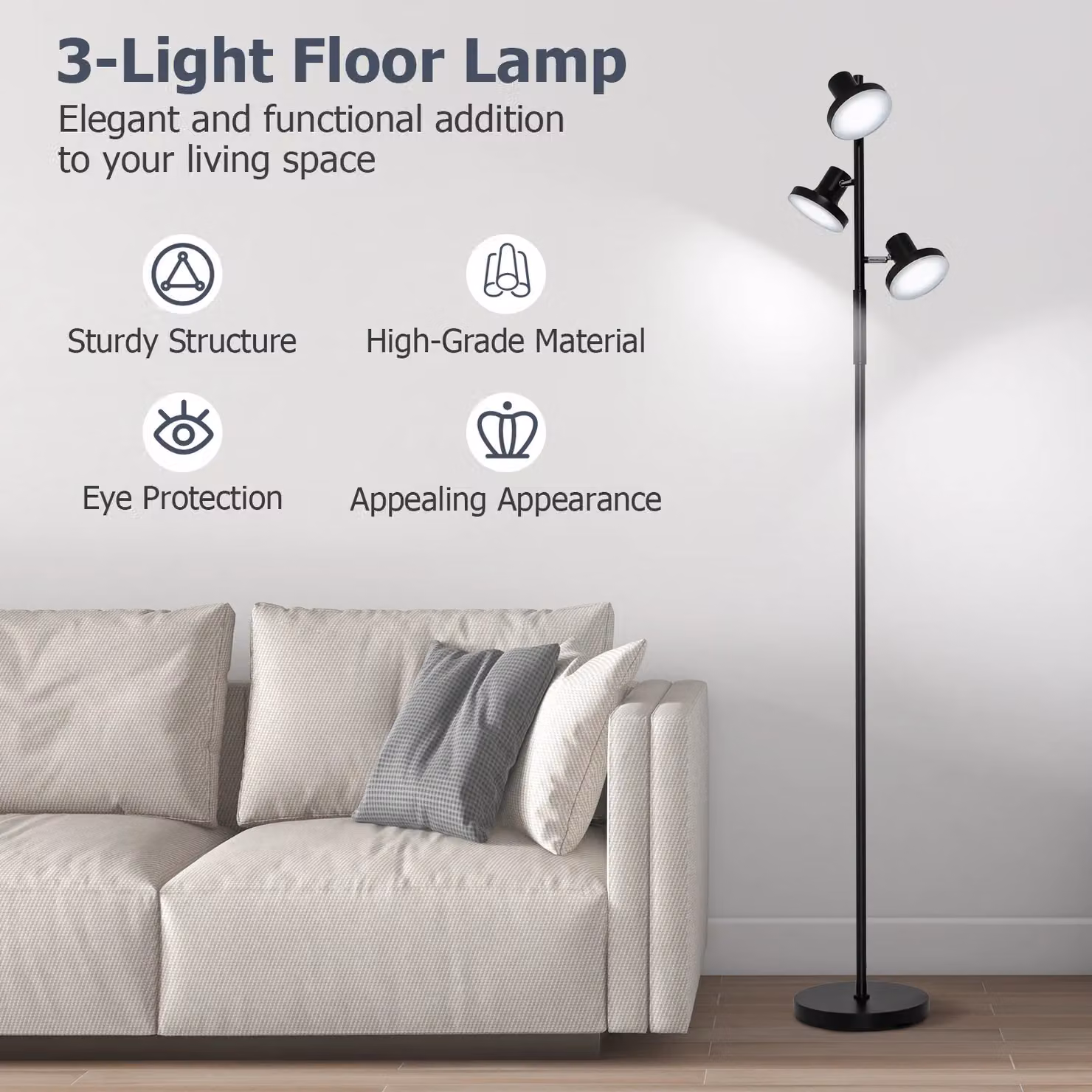 Costway Modern 3-Light LED Floor Lamp in Black with Adjustable and Dimmable Heads, H 173 cm x W 25 cm x D 25 cm – 3