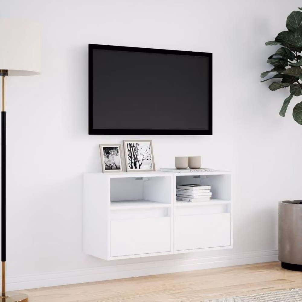 Berkfield Home Modern White Wall Mounted TV Cabinets with Integrated LED Lighting, 2 Piece Set, W/D/H: 41 x 31 x 45 cm – 2