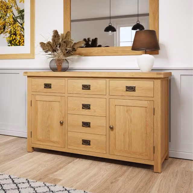 Home Source Copenhagen Ready Assembled 6 Drawer Oak Sideboard in Brown