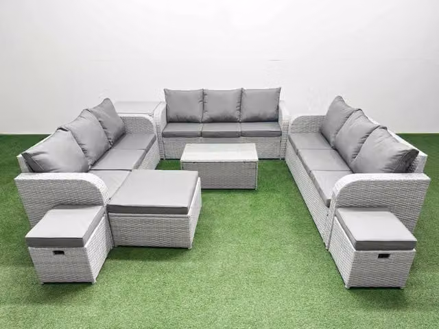 Fimous 12 Seater PE Rattan Outdoor Garden Furniture Set in Light Grey with Rectangular Coffee Table, 3 Seater Sofa, 3 Stools and Side Table