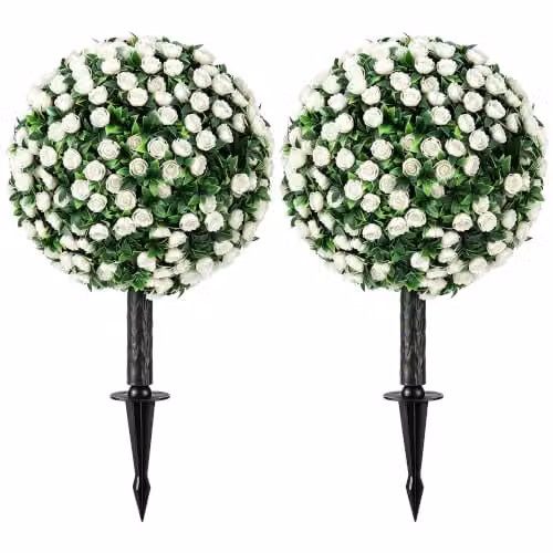 HOMCOM Set of 2 White Artificial Rose Topiary Trees, UV-Resistant, Height: 55 cm, Width: 30 cm, Depth: 30 cm