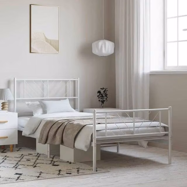 Berkfield Home Metal Bed Frame with Headboard and Footboard, White, W/D/H: 100 x 200 cm
